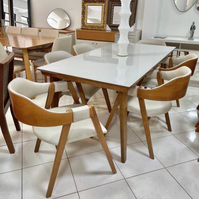 1,80m - Mesa Larissa com Vidro OFF (CD 991) + 06 - Cadeira Rubia FACTO Bege (CD 3639) (3)