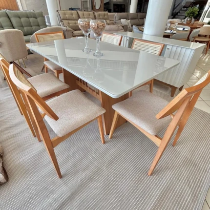 Mesa 1,60m com Vidro Off e Corda (5390) com 6 Cadeiras Ayla com Tela Natural (2818) - Imagem 5