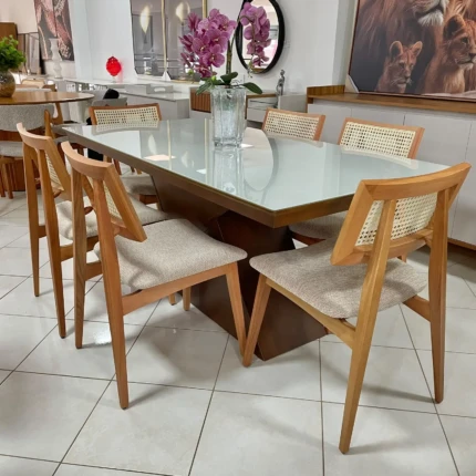 Mesa 1,80m Zafira com Vidro (5989) com 6 cadeiras Ayla com Tela Natural (2818) - Imagem 3
