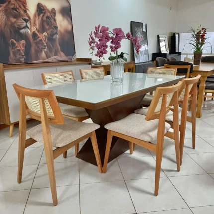 Mesa 1,80m Zafira com Vidro (5989) com 6 cadeiras Ayla com Tela Natural (2818)
