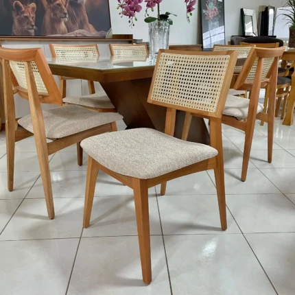 Mesa 1,80m Zafira com Vidro (5989) com 6 cadeiras Ayla com Tela Natural (2818) - Imagem 5