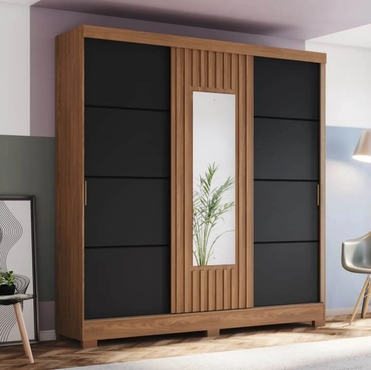 Roupeiro 2,00m 3 Portas deslizantes B376 Preto Com Espelhos (5421