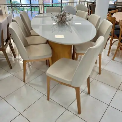 Mesa 2,18m Oval com Vidro (1048)  com 8 Cadeiras City Linho (2926)