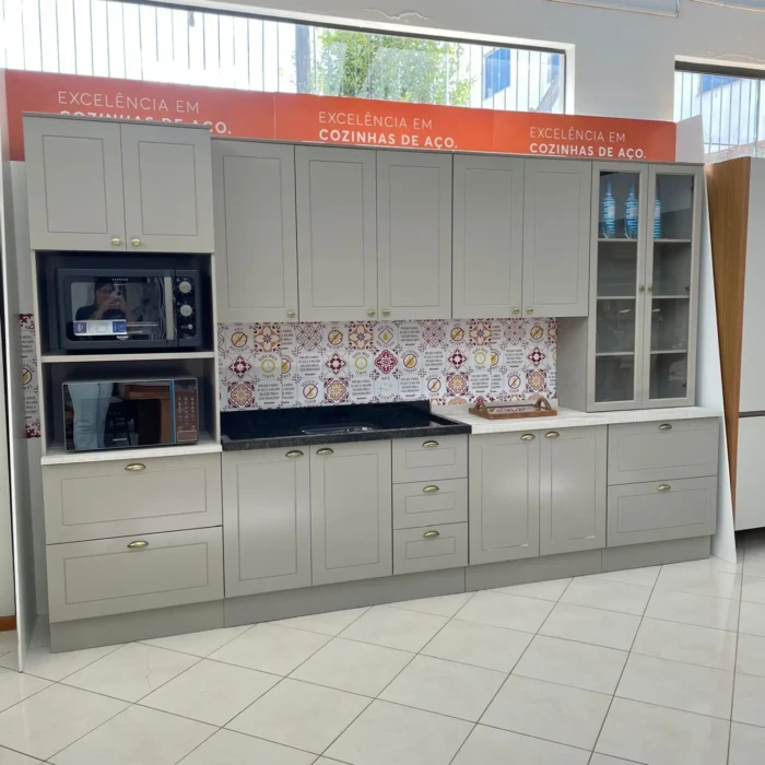 3.44m - Cozinha AMERICANA 100% MDF Cinza Tampo CALCARE (R$ 5.940 - 02-10-25) + Bancada (CD 4358) (10)