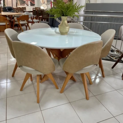 Mesa Redonda 1,37m com Vidro Branco (3321) com 06 Cadeiras Giratorias Bia (4338)