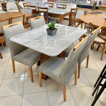 Mesa 1,20m Celeste Quartzo (3198) com 4 Cadeiras em Madeira e Tecido Impermeavel Cinza (5260)