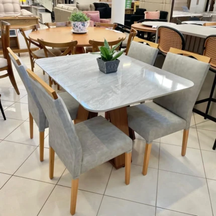 Mesa 1,20m Celeste Quartzo (3198) com 4 Cadeiras em Madeira e Tecido Impermeavel Cinza (5260) - Imagem 3
