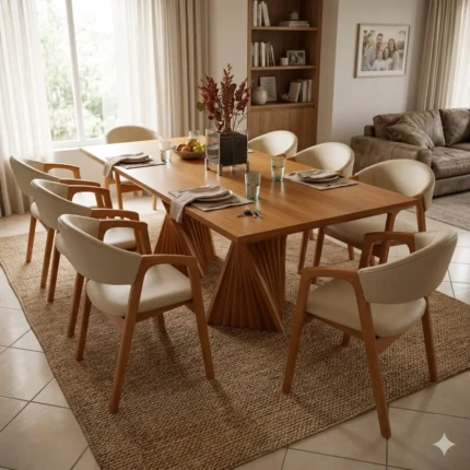 Mesa 2,20m com base Ripada (3779) com 8 Cadeiras Pietra em Corino com Braço (5910)