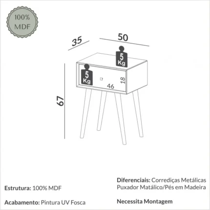 Mesa de Cabeceira MDF TW49 50cm Freijo (6108) - Imagem 4