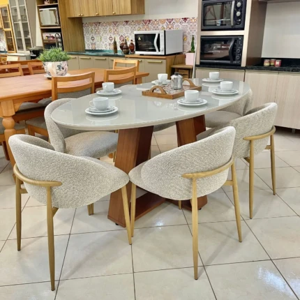 Mesa 1,83m Oval com Vidro Off (4123) com 6 Cadeiras Firenze em Linho (2360)