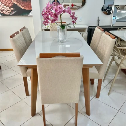 Mesa 1,80m Teresa Vidro Off White (4601) com 6 Cadeiras em Madeira e tecido Linho (3961)