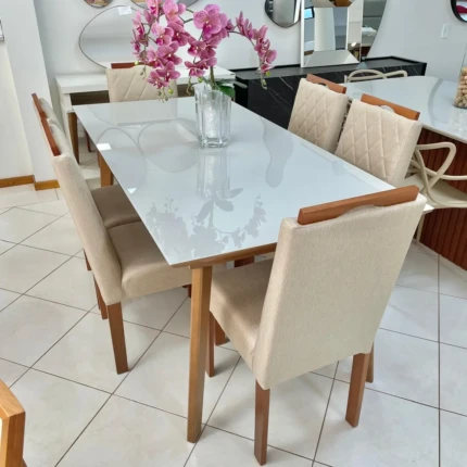 Mesa 1,80m Teresa Vidro Off White (4601) com 6 Cadeiras em Madeira e tecido Linho (3961) - Imagem 3