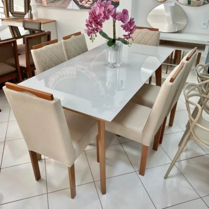 Mesa 1,80m Teresa Vidro Off White (4601) com 6 Cadeiras em Madeira e tecido Linho (3961) - Imagem 4
