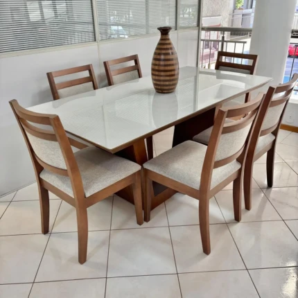 Mesa 1,80m Veneza com Vidro Off White (5852) com 6 Cadeiras Caribe em Linho (1436)