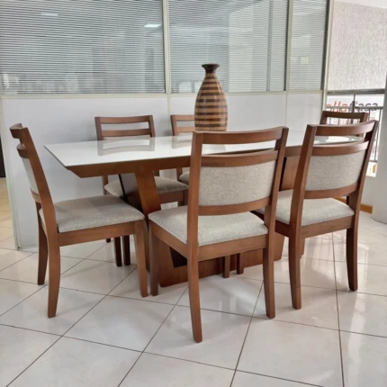 Mesa 1,80m Veneza com Vidro Off White (5852) com 6 Cadeiras Caribe em Linho (1436) - Imagem 3
