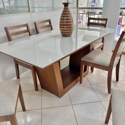 Mesa 1,80m Veneza com Vidro Off White (5852) com 6 Cadeiras Caribe em Linho (1436) - Imagem 4