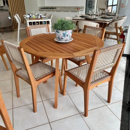 Mesa Redonda 1,40m em Madeira com disco Giratório (3802) com 4 Cadeiras com Corda Nautica (5180)