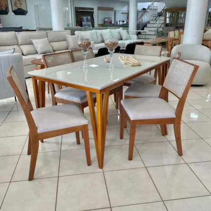 Mesa 1,60m com Vidro Rubi (4683) com 6 Cadeiras Relax Linho (2060)