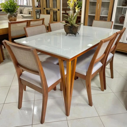Mesa 1,60m com Vidro Rubi (4683) com 6 Cadeiras Relax Linho (2060)