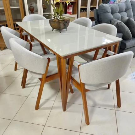 Mesa 1,60m com Vidro Rubi (4683) com 6 Cadeiras Relax Linho (2060)