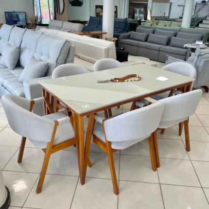Mesa 1,60m com Vidro Rubi (4683) com 6 Cadeiras Relax Linho (2060)