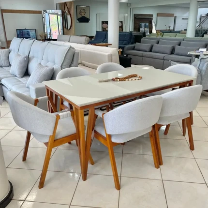 Mesa 1,60m com Vidro Rubi (4683) com 6 Cadeiras Relax Linho (2060) - Imagem 3