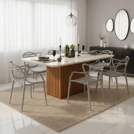 Mesa Canes Ripada 1,70m (1977) com 06 Cadeiras Allegra Cinza (4304)