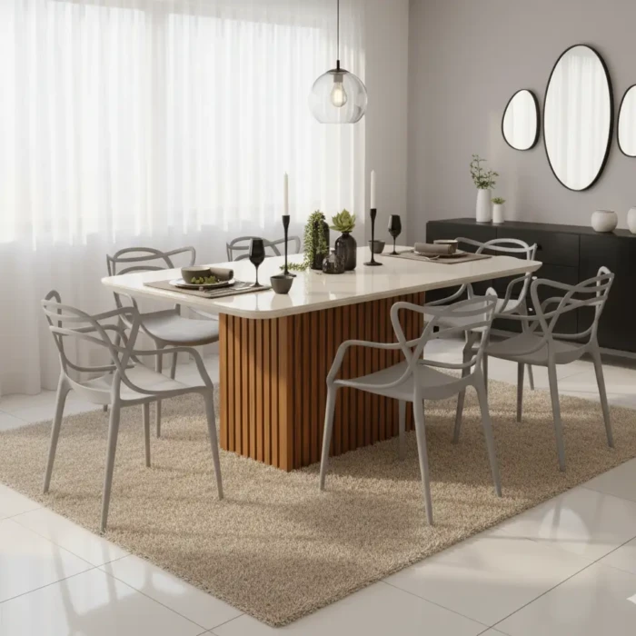 1,70m - DJ - Mesa Cannes FREIJO com Vidro Off White (CD 1977) + 06 Imperio Mag - Cadeira Allegra 120kg CINZA CLARO (CD 4304)