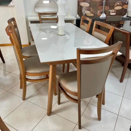 Mesa 1,80m Teresa Vidro Off White (4601) com 6 Cadeiras Vitoria Impermeavel (3421)