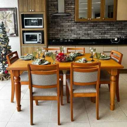 Mesa 1,80m Atlanta Torneada (2184) com 6 Cadeiras Caribe em Linho (6151) - Imagem 1