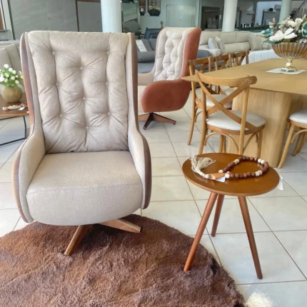 Poltrona com Balanço e Giro Luka em Couro Escuro e Linho (5240) - Imagem 3