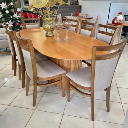 Mesa Oval 2,20m Ripada Cinamomo (2729) com 8 Cadeiras Vitoria Linho (2081) - Imagem 3