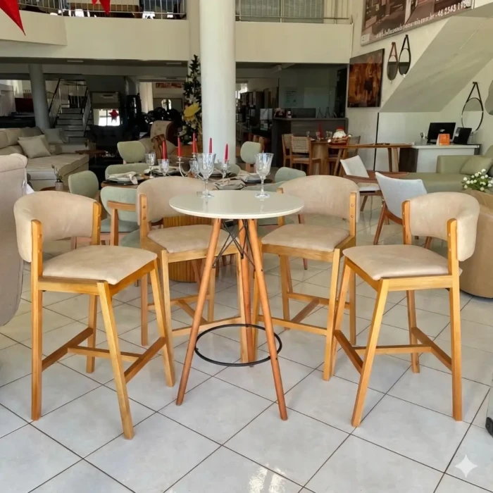 Imcal - Mesa Alta Bistro Gourmet 60cm OFF WHITE (CD 5582) + TAKEDA - Banqueta Charmy A-OM 9 OMEGA BEGE (cd 931) (3)