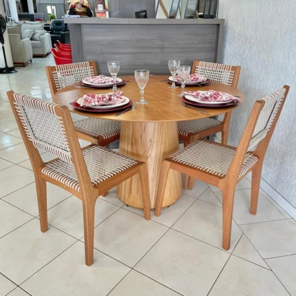 Mesa Redonda 1,20m Cinamomo (2371) com 4 Cadeiras com Corda Nautica (5180) - Imagem 1