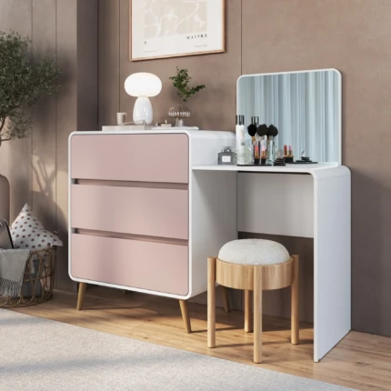 Penteadeira Comoda 3 Gavetas com Espelho Branco e Rosa (4031)