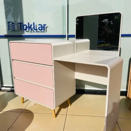 Penteadeira Comoda 3 Gavetas com Espelho Branco e Rosa (4031)