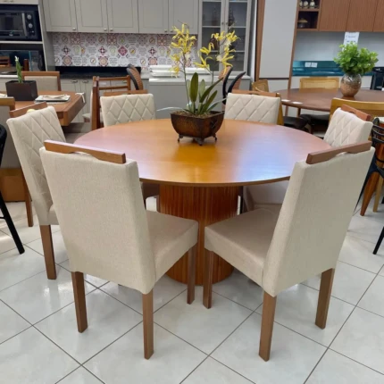 Mesa 1,40m Redonda Ripada (1497) com 6 Cadeiras em Madeira e Tecido Linho CAD152 (3961)