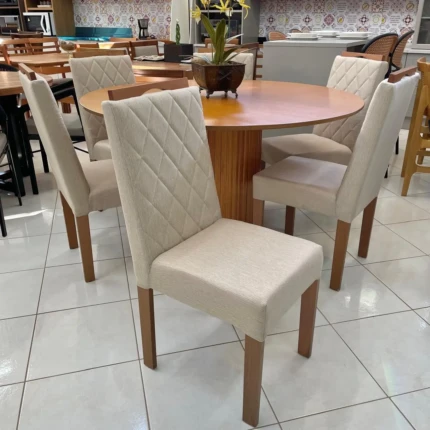 Mesa 1,40m Redonda Ripada (1497) com 6 Cadeiras em Madeira e Tecido Linho CAD152 (3961) - Imagem 3