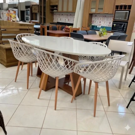 Mesa 1,83m Oval com Vidro Off (4123) com 6 Cadeiras Monaco (2340)