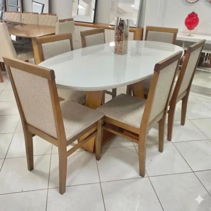 Mesa 1,83m Oval com Vidro Off (4123) com 6 Cadeiras Karol Linho (2585)