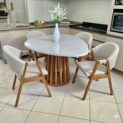 Mesa Organica Ripada com Vidro (4678) com 4 Cadeiras Dora com Braço em Tecido Linho (4208)