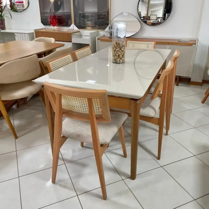 Mesa 1,80m Wind com Vidro (4802) com 6 Cadeiras Ayla com Tela Natural (2818)