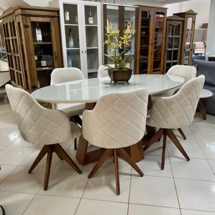 Mesa 1,83m Oval com Vidro Off (4123) com 06 Cadeiras Giratorias Leia (2858) - Imagem 1