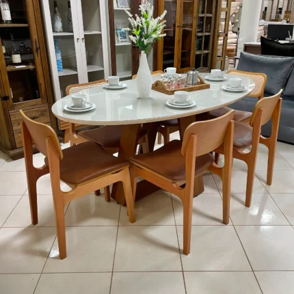 Mesa 1,83m Oval com Vidro Off (4123) com 6 Cadeiras Alvin Tela Natural (5661)