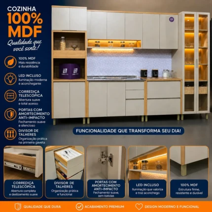 Cozinha 3,40m 100% MDF com LED e Cristaleira Allure (2568) - Imagem 3
