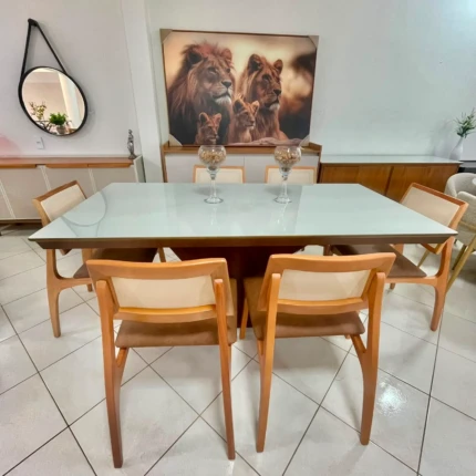 Mesa 1,80m Zafira com Vidro (5989) com 6 Cadeiras Romana em Tela (5051) - Imagem 3
