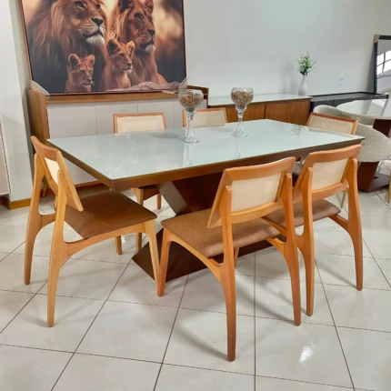 Mesa 1,80m Zafira com Vidro (5989) com 6 Cadeiras Romana em Tela (5051)