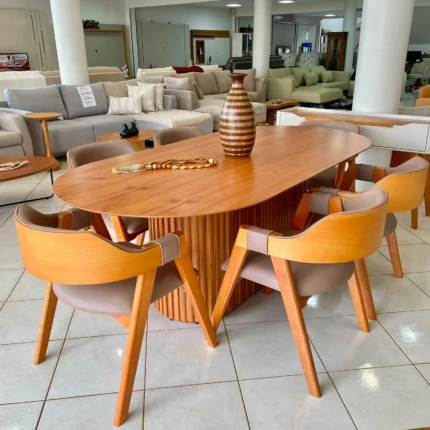 Mesa Oval 2,20m Ripada Cinamomo (2729) com 6 Cadeiras Olive Impermeável Facto (1275)