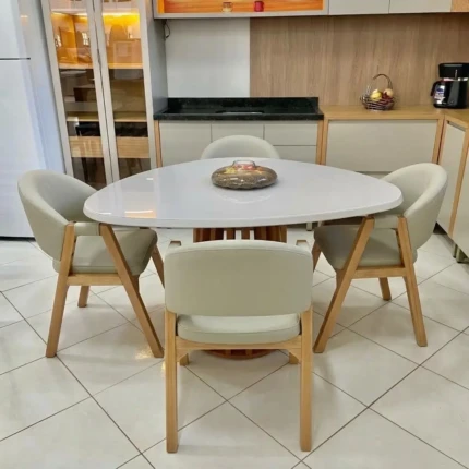 Mesa Organica Ripada com Vidro Off White (4678) com 4 Cadeiras Dora Corino Bege (5570)