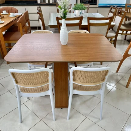 Mesa 1,20m Tampo Freijo (1851) com 4 Cadeira Roma Branca com Detalhe Bege (6427) - Imagem 3